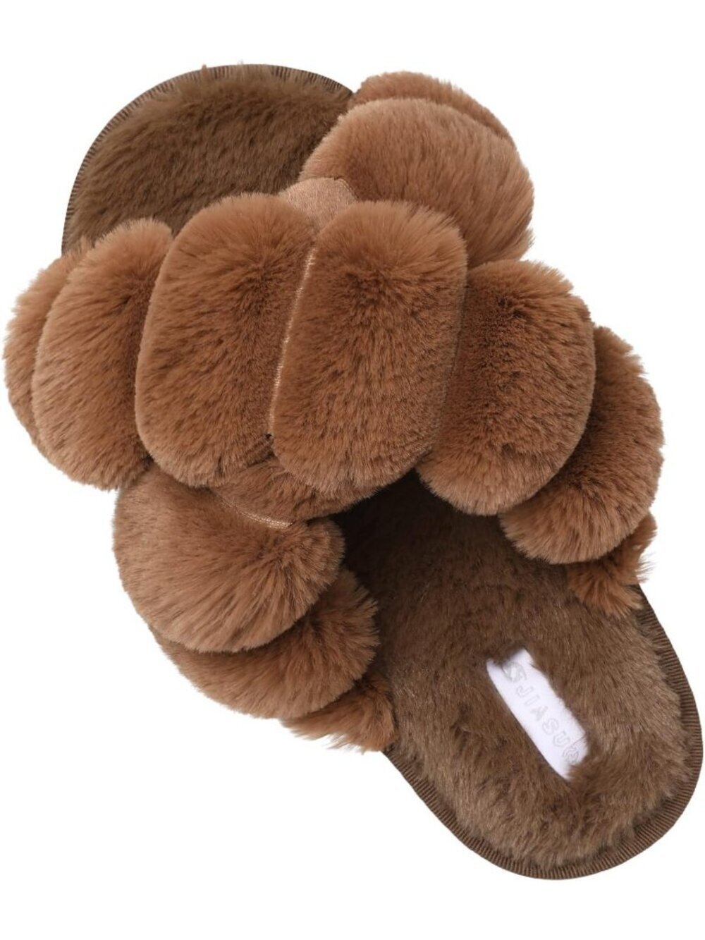 Women's Brown Fuzzy Fluffy House Cozy Criss Cross Furry Open Toe Slipper Shoes